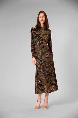 L/SLV MIDI VELVET PRINTED DRESS W JEWEL NECK
