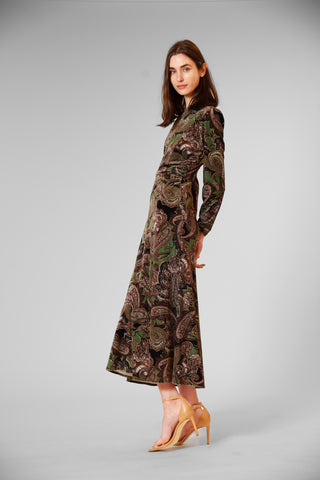 L/SLV MIDI VELVET PRINTED DRESS W JEWEL NECK