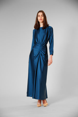 3/4 LENGTH SLV LONG DRESS W/ ROUCHING
