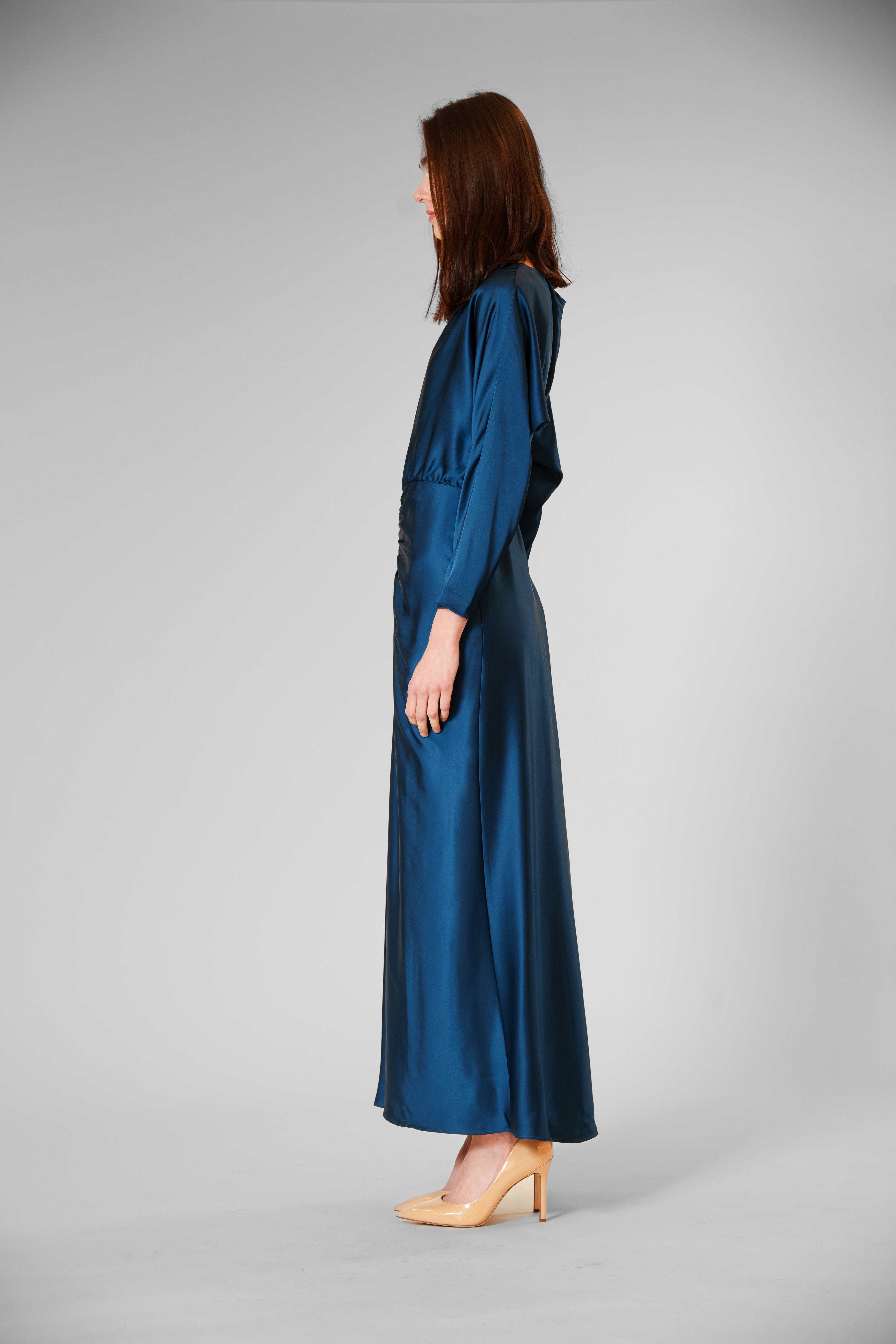 3/4 LENGTH SLV LONG DRESS W/ ROUCHING – JULIA JORDAN