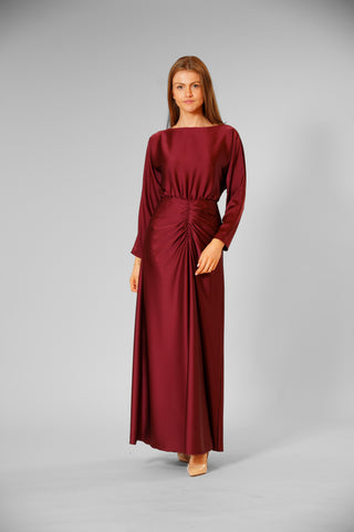 3/4 LENGTH SLV LONG DRESS W/ ROUCHING