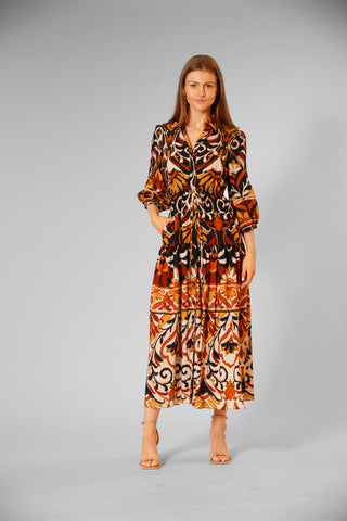 3/4 SLV MIDI DRESS W/ COLLAR & TIE WAIST