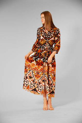 3/4 SLV MIDI DRESS W/ COLLAR & TIE WAIST