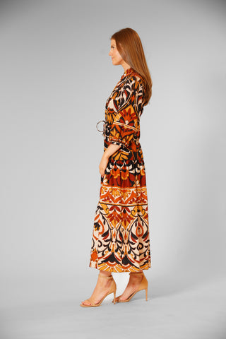3/4 SLV MIDI DRESS W/ COLLAR & TIE WAIST