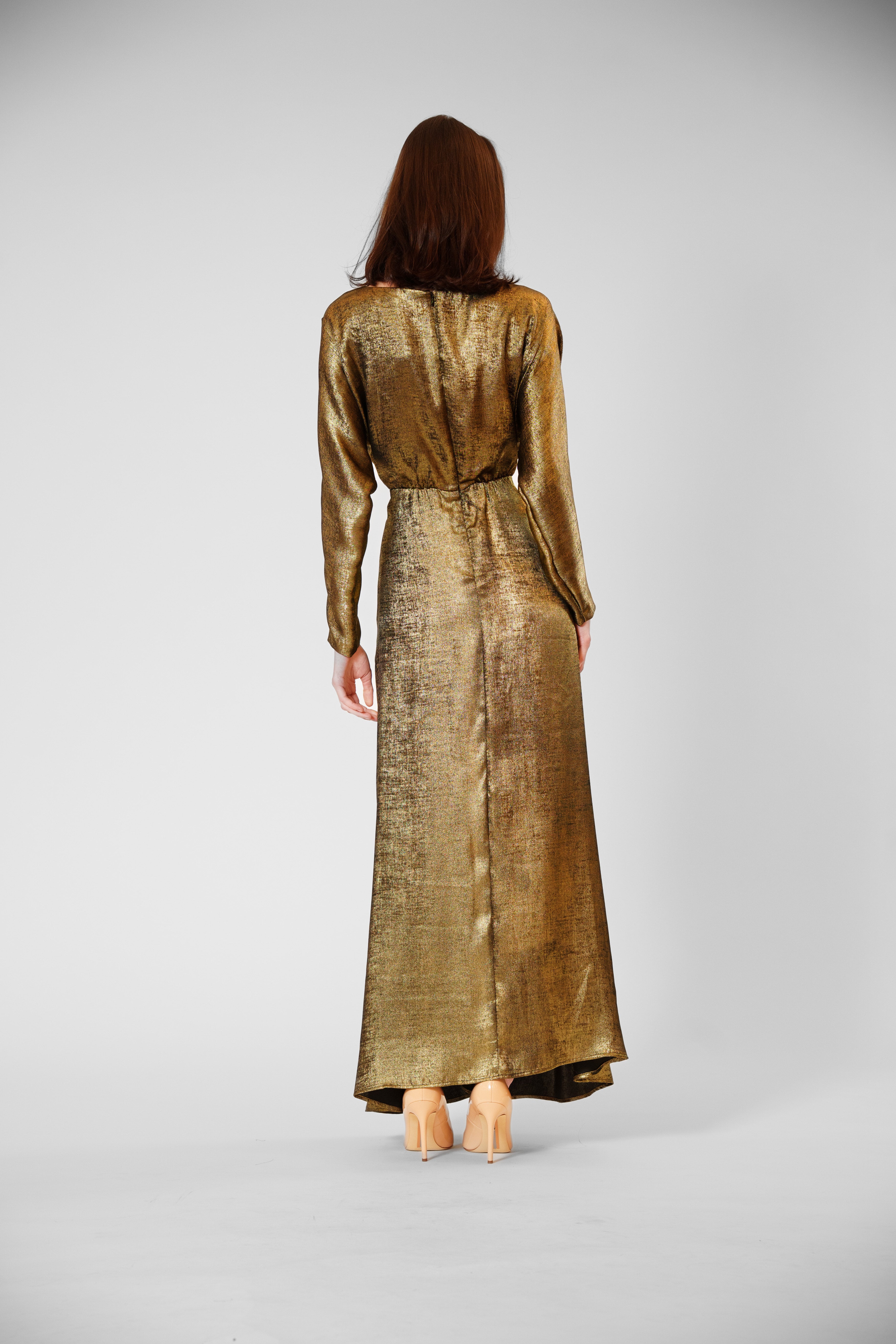 julia jordan metallic dress LONG LENGTH SLV LONG DRESS W/ ROUCHING JULIA JORDAN