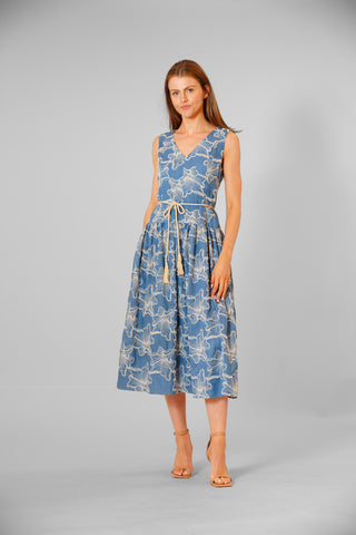 SLVLESS V NECK PRNTD MAXI DRESS W/ ROPE BELT