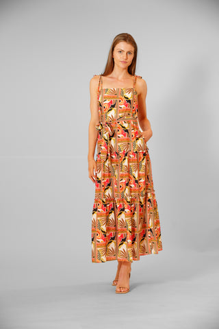 SLVLESS PRINTED LINEN MAXI DRESS W STRAP TIES