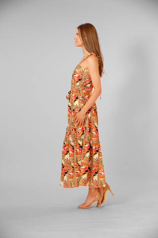 SLVLESS PRINTED LINEN MAXI DRESS W STRAP TIES