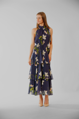 TIE NECK HALTER LONG DRESS WITH TIERED SKIRT