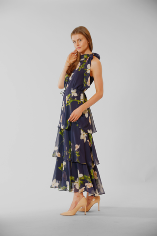 TIE NECK HALTER LONG DRESS WITH TIERED SKIRT