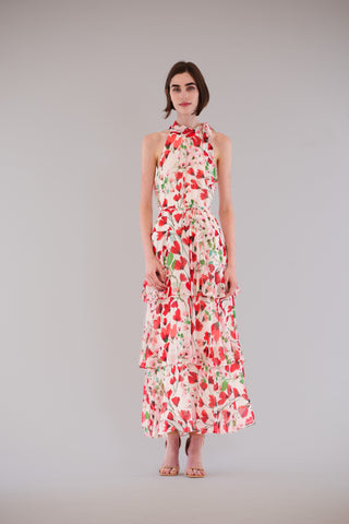 TIE NECK HALTER LONG DRESS WITH TIERED SKIRT