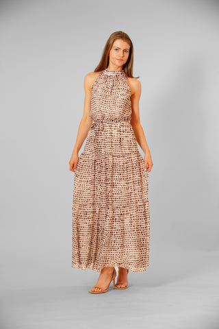 1PC PRINTED CHIFFON MOCK NECK 3 TIER MAXI