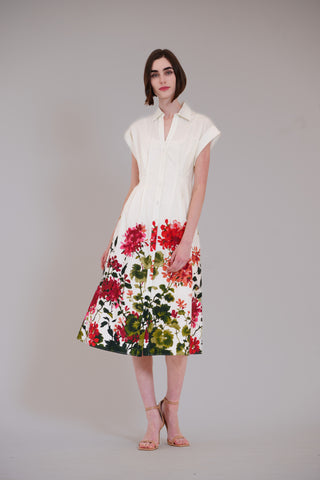 SHORT SLEEVE V NECK PRINTED MIDI SHIRT DRESS