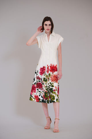 SHORT SLEEVE V NECK PRINTED MIDI SHIRT DRESS