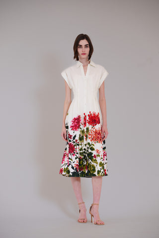 SHORT SLEEVE V NECK PRINTED MIDI SHIRT DRESS