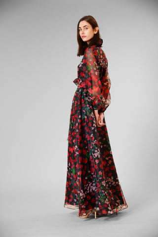 long sleeve printed organza shirt dress