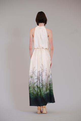 PRINTED SATIN MOCK NECK 3 TIER MAXI