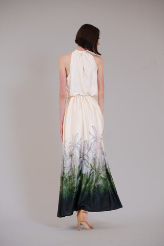PRINTED SATIN MOCK NECK 3 TIER MAXI