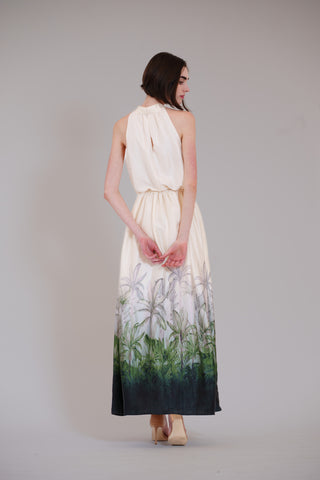 PRINTED SATIN MOCK NECK 3 TIER MAXI