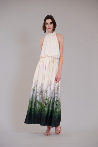 PRINTED SATIN MOCK NECK 3 TIER MAXI