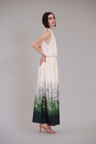 PRINTED SATIN MOCK NECK 3 TIER MAXI
