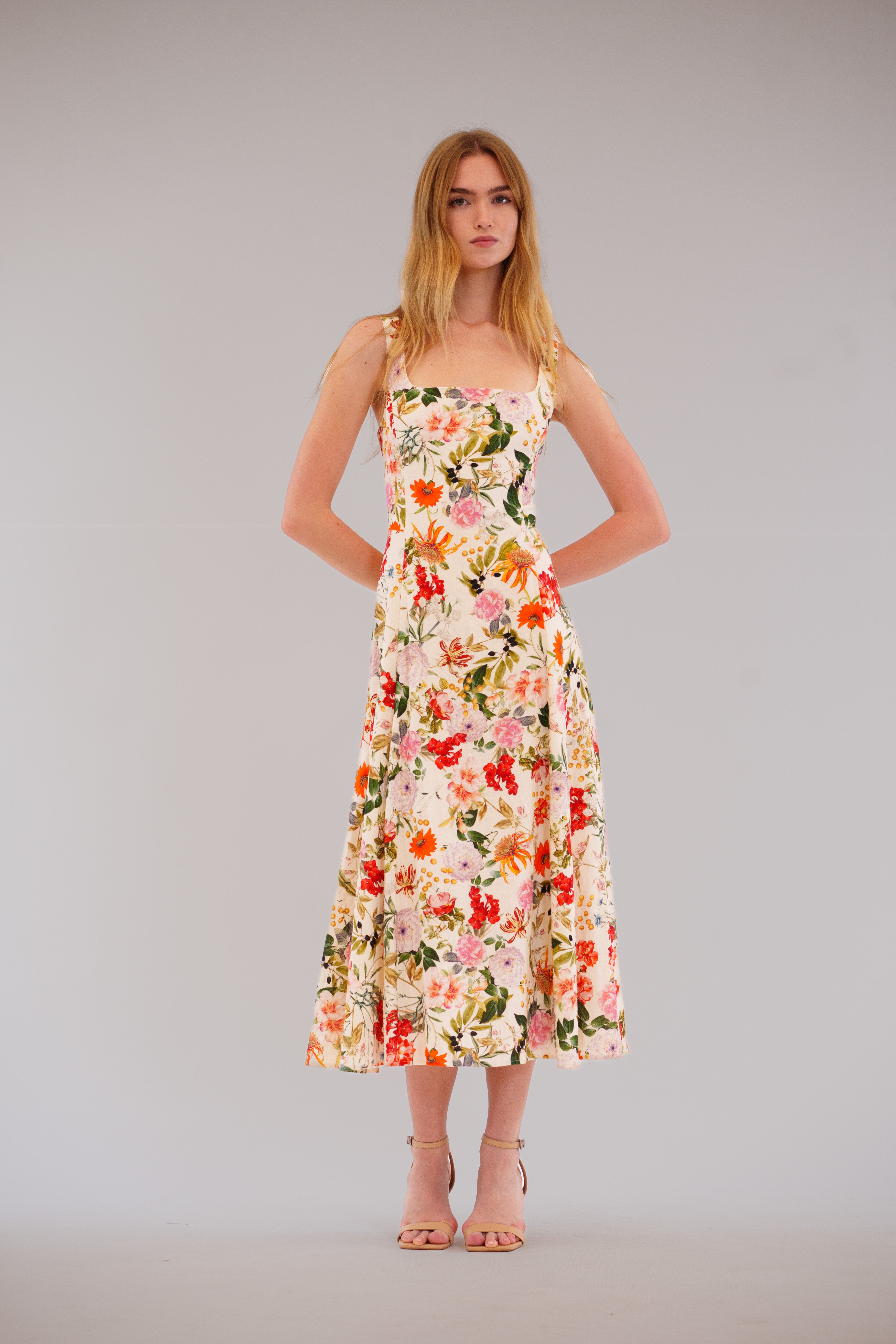 SLVLESS FLORAL MIDI DRESS W/ SQUARE NECK JULIA JORDAN SLVLESS FLORAL MIDI DRESS W/ SQUARE NECK JULIA JORDAN