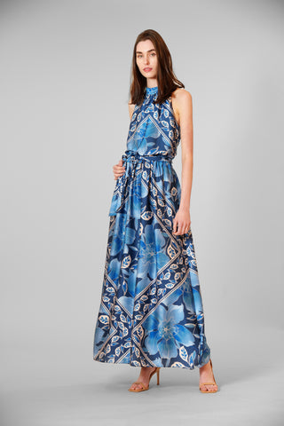 1PC PRINTED SATIN MOCK NECK 3 TIER MAXI