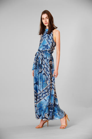 1PC PRINTED SATIN MOCK NECK 3 TIER MAXI