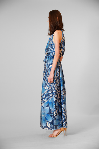 1PC PRINTED SATIN MOCK NECK 3 TIER MAXI