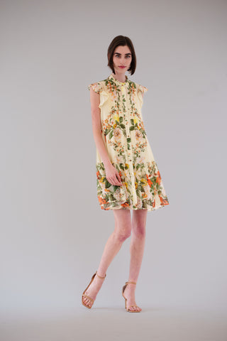 SHORT DRESS W/ FLUTTER SLV & PLEATED DETAILS
