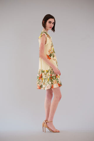 SHORT DRESS W/ FLUTTER SLV & PLEATED DETAILS