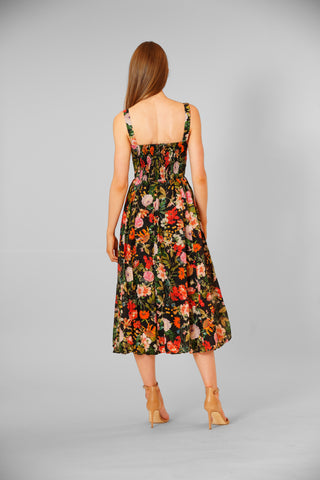 SQUARE NECK BASQUE WAIST MIDI FLORAL DRESS