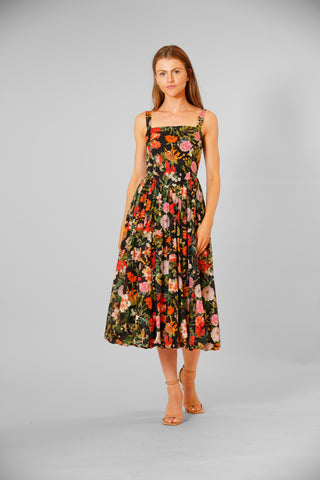 SQUARE NECK BASQUE WAIST MIDI FLORAL DRESS