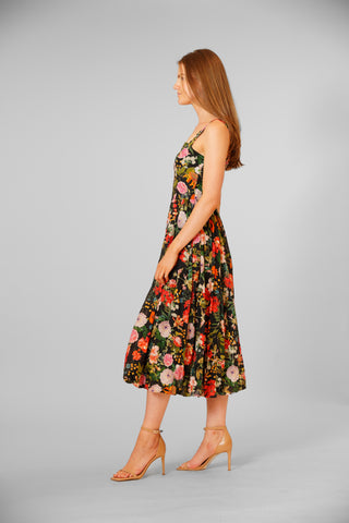 SQUARE NECK BASQUE WAIST MIDI FLORAL DRESS