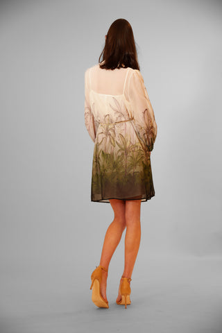 LONG SLV TIE NECK PLEATED TROPICAL MINI DRESS