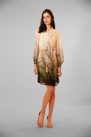 LONG SLV TIE NECK PLEATED TROPICAL MINI DRESS