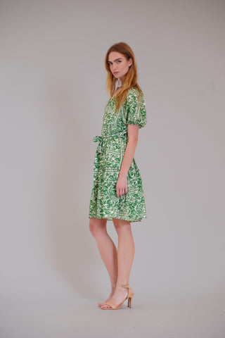 SHORT PUFF SLV V-NECK MINI DRESS W SELF SASH