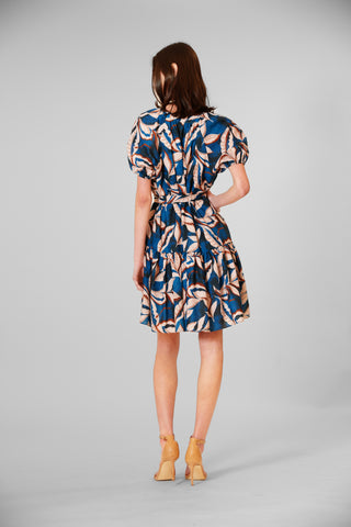 short puff slv v neck mini dress w self tie