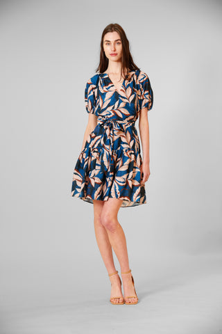short puff slv v neck mini dress w self tie