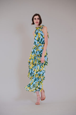 SLVLESS PRINTED CHIFFON HALTER MAXI