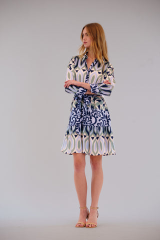 3/4 SLV COLLARED SHIRT DRESS W/ BOTTOM RUFFLE