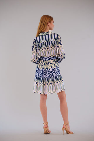 3/4 SLV COLLARED SHIRT DRESS W/ BOTTOM RUFFLE