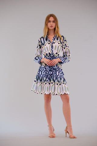 3/4 SLV COLLARED SHIRT DRESS W/ BOTTOM RUFFLE