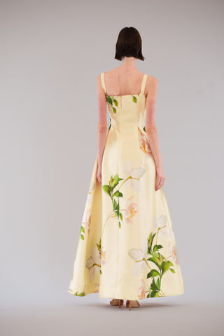 slvless square neck printed mikado long dress