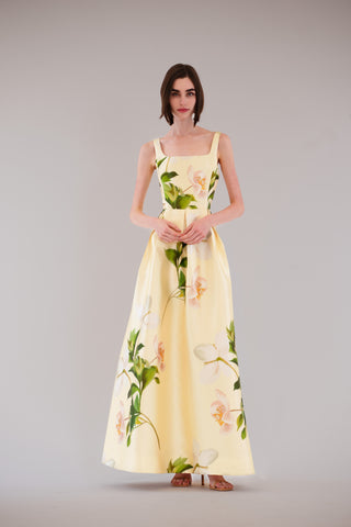 slvless square neck printed mikado long dress