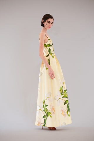 slvless square neck printed mikado long dress