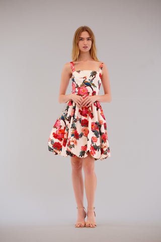 SQUARE NECK BASQUE WAIST PRINTED SHORTDRESS