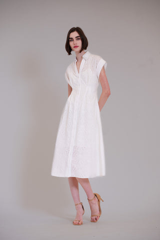 SHORTSLV V-NECK COTTON EYELET MIDI SHIRTDRESS