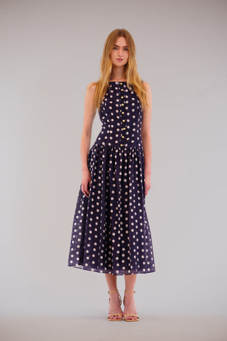 SLVLESS SQUARE NECK DOT MIDI DRESS