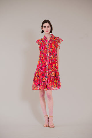 short dress w/ flutter slv & pleated details